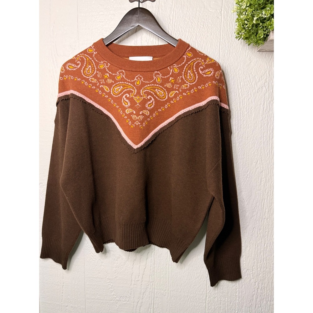 525 America Bandana Yoke Pullover Sweater Coffee Bean Paisley Brown Pink